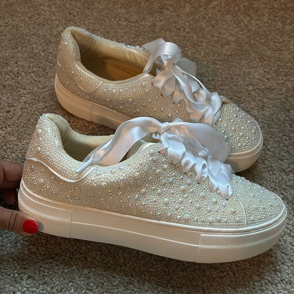 Betsey Johnson Cream Pearl Embellished Sneakers